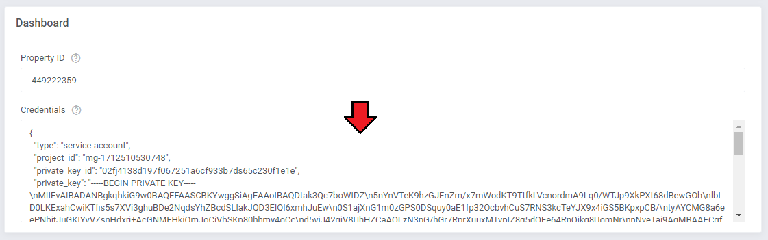 Google Analytics For WHMCS: module Dashboard section with the service account JSON pasted into the Credentials field
