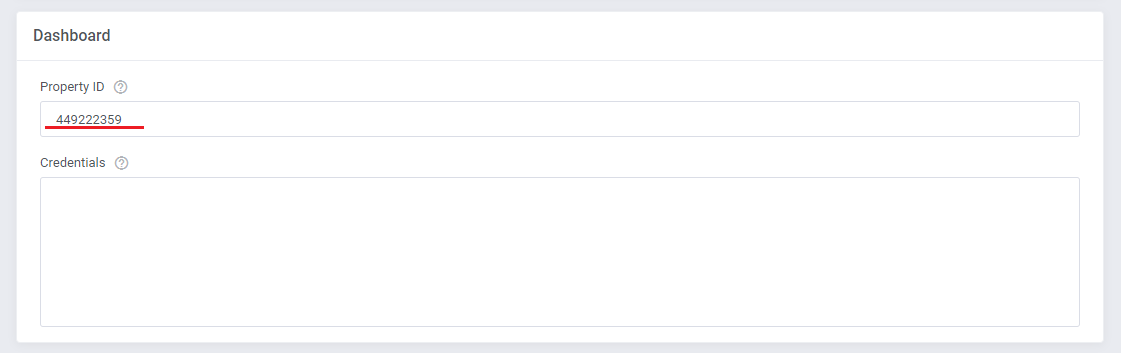 Google Analytics For WHMCS: module Dashboard section with the Property ID filled in and an empty Credentials field