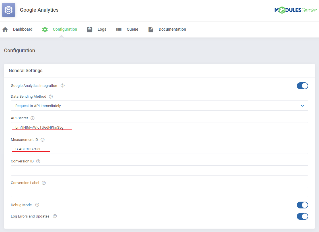 Google Analytics For WHMCS: module Configuration tab, General Settings with API Secret and Measurement ID fields filled