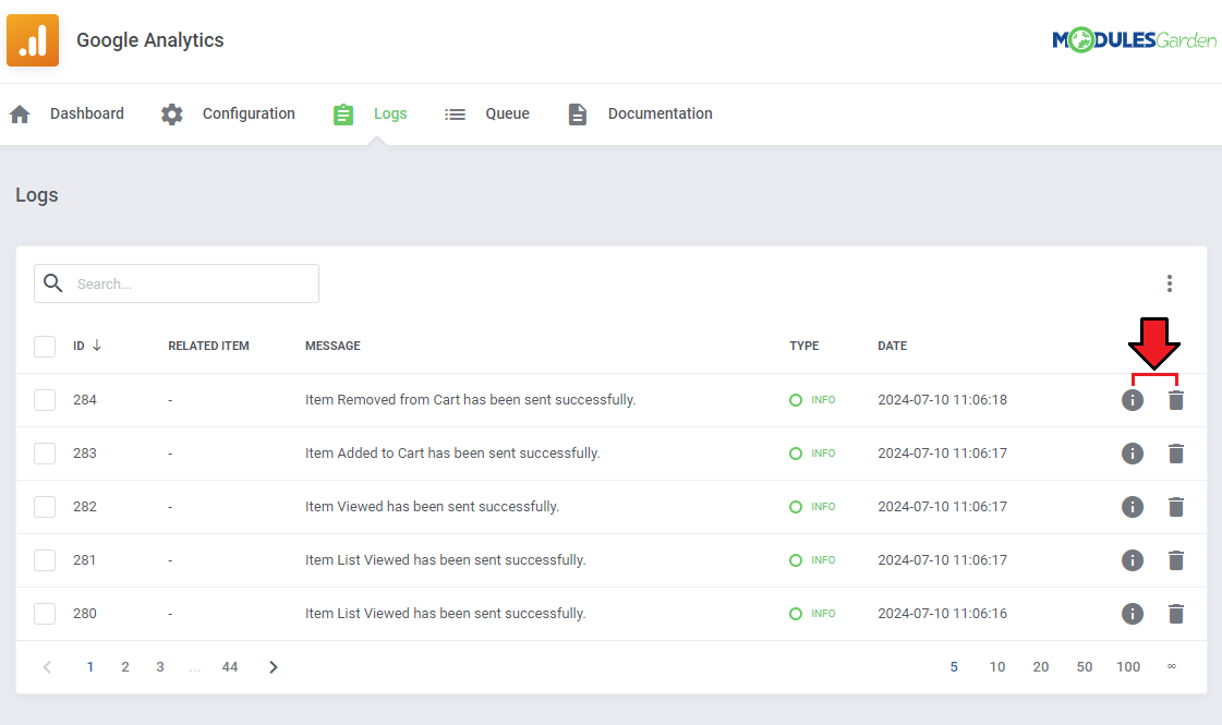 Google Analytics For WHMCS: module Logs tab with a table of sent events and info and delete icons for each entry
