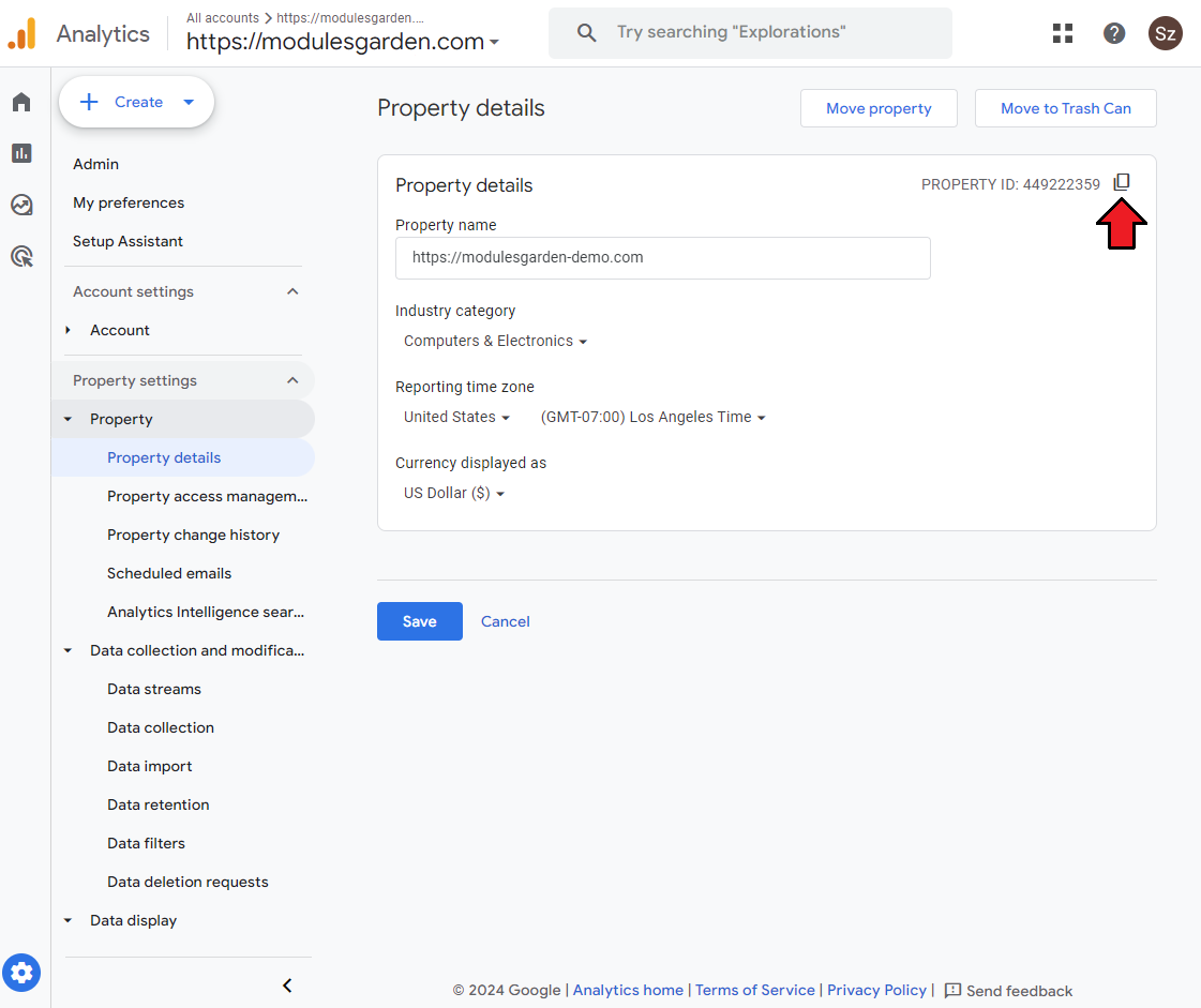 Google Analytics For WHMCS: Google Analytics Property details page with the Property ID and its copy button