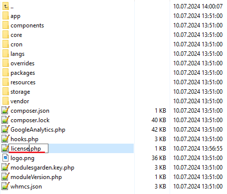 Google Analytics For WHMCS: file list of the module directory with licenseRENAME.php being renamed to license.php