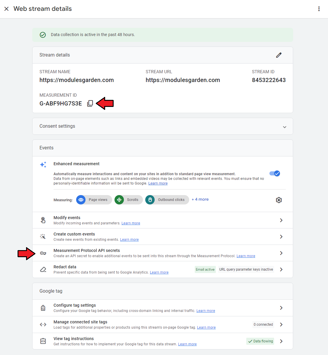 Google Analytics For WHMCS: Google Analytics web stream details with the Measurement ID and Measurement Protocol API
