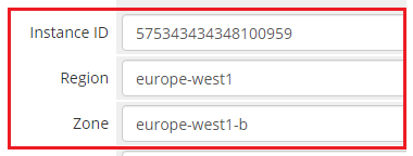 Google Cloud Virtual Machines For WHMCS: WHMCS admin product page with Instance ID, Region and Zone highlighted