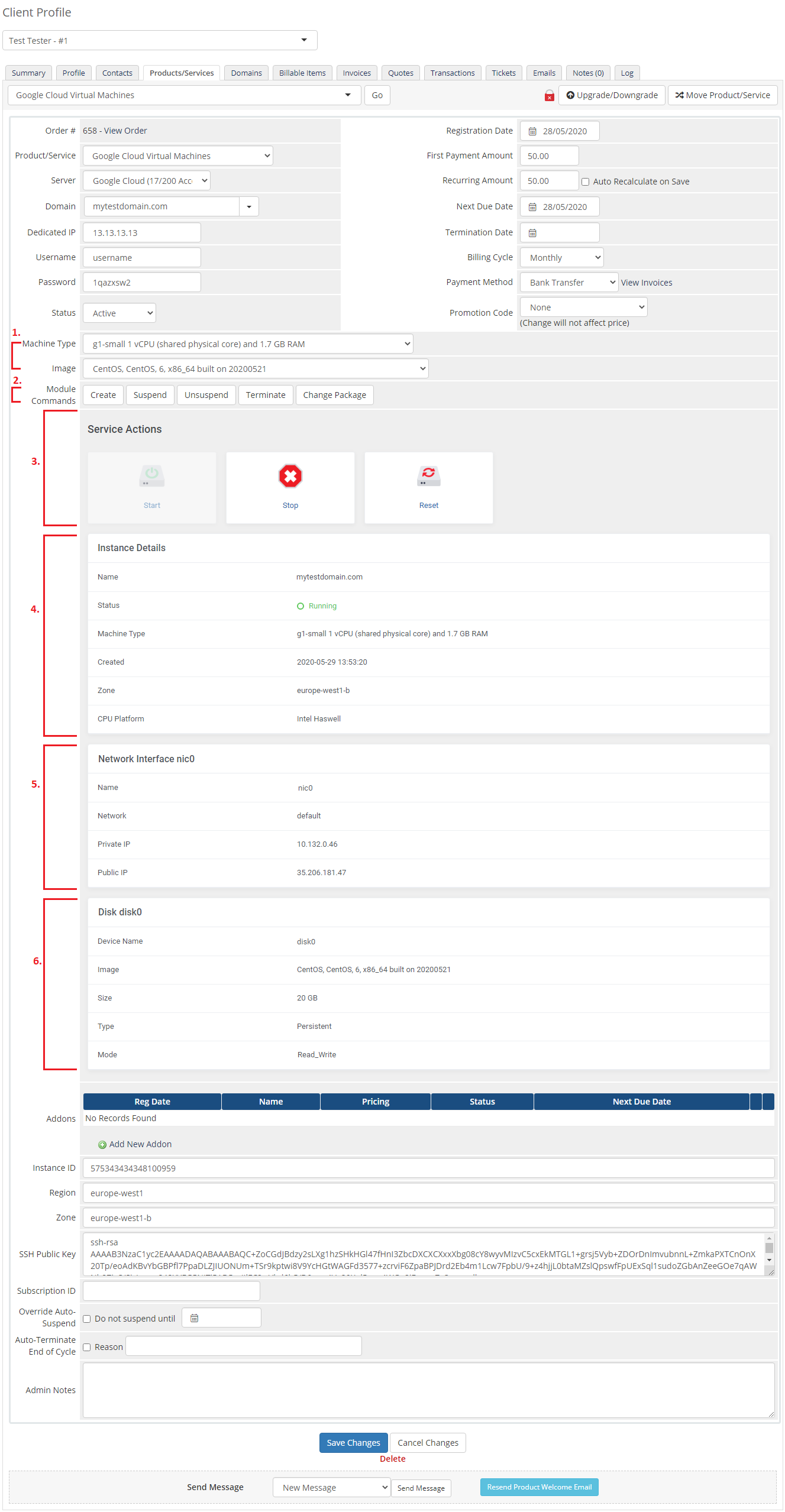Google Cloud Virtual Machines For WHMCS: WHMCS admin product page with numbered instance, network and disk sections