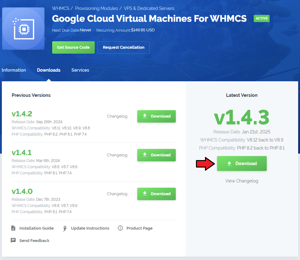Google Cloud Virtual Machines For WHMCS: client area Downloads tab with the latest version Download button