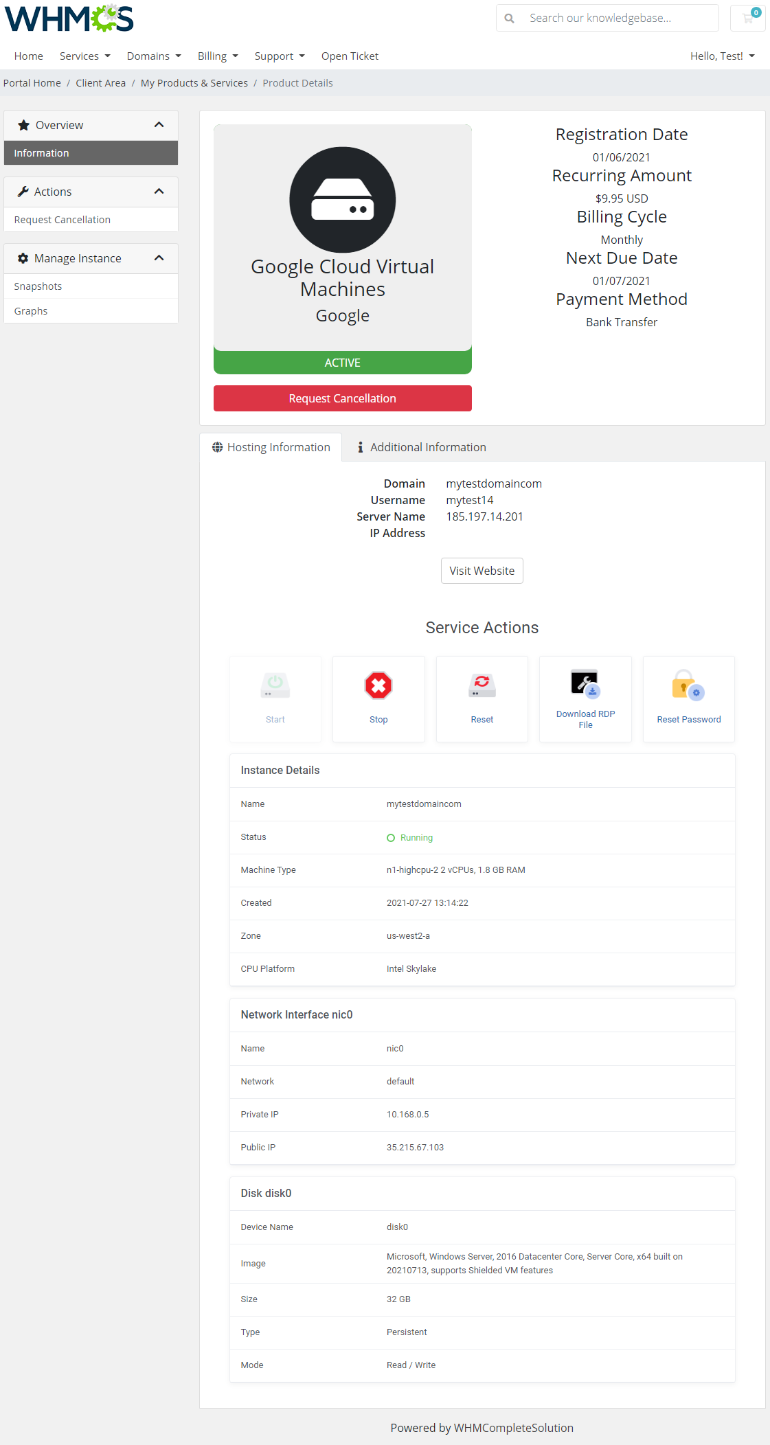 Google Cloud Virtual Machines For WHMCS: client area product details with service actions, RDP file and Reset Password
