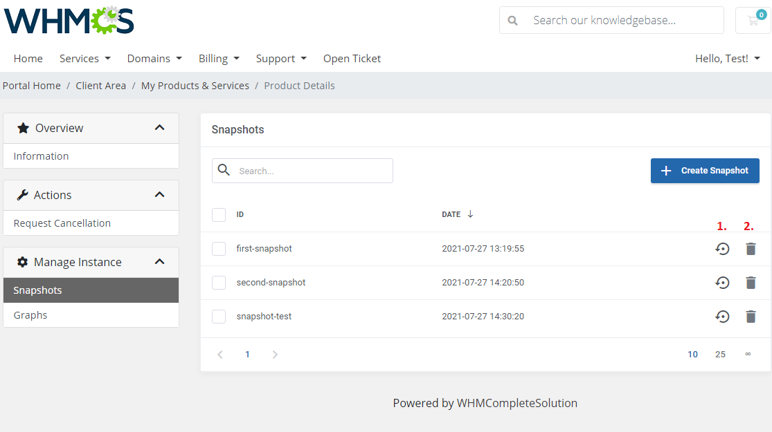 Google Cloud Virtual Machines For WHMCS: client area Snapshots list with restore and delete icons marked 1 and 2