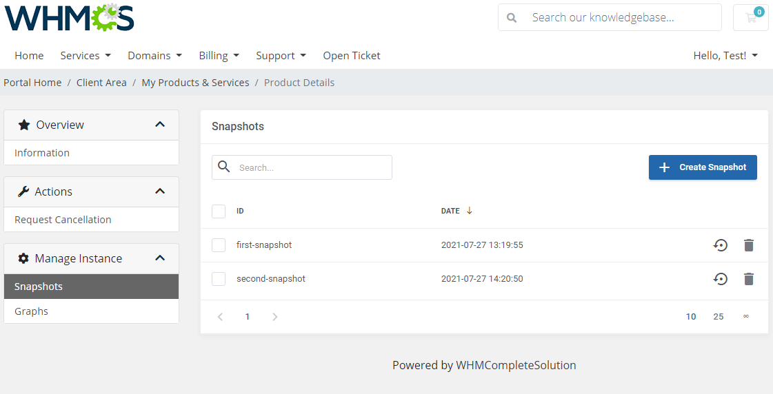 Google Cloud Virtual Machines For WHMCS: client area Snapshots section with Create Snapshot button and snapshot list