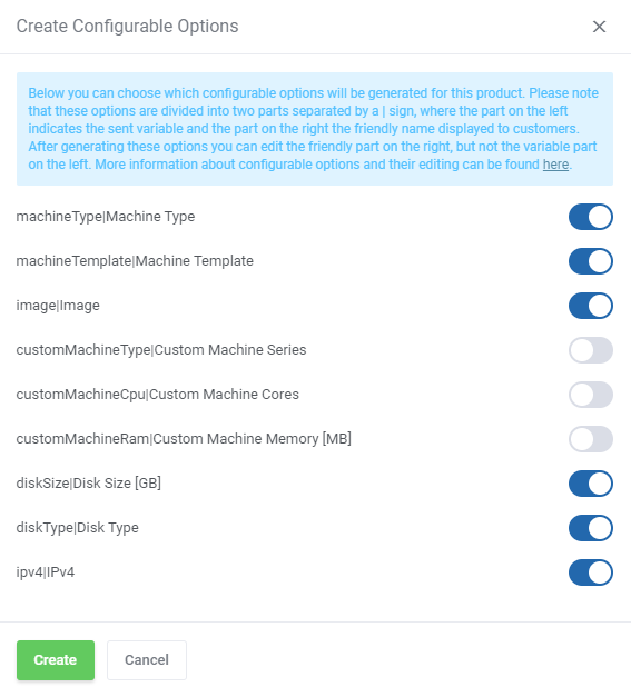Google Cloud Virtual Machines For WHMCS: Create Configurable Options dialog with option toggles and Create button