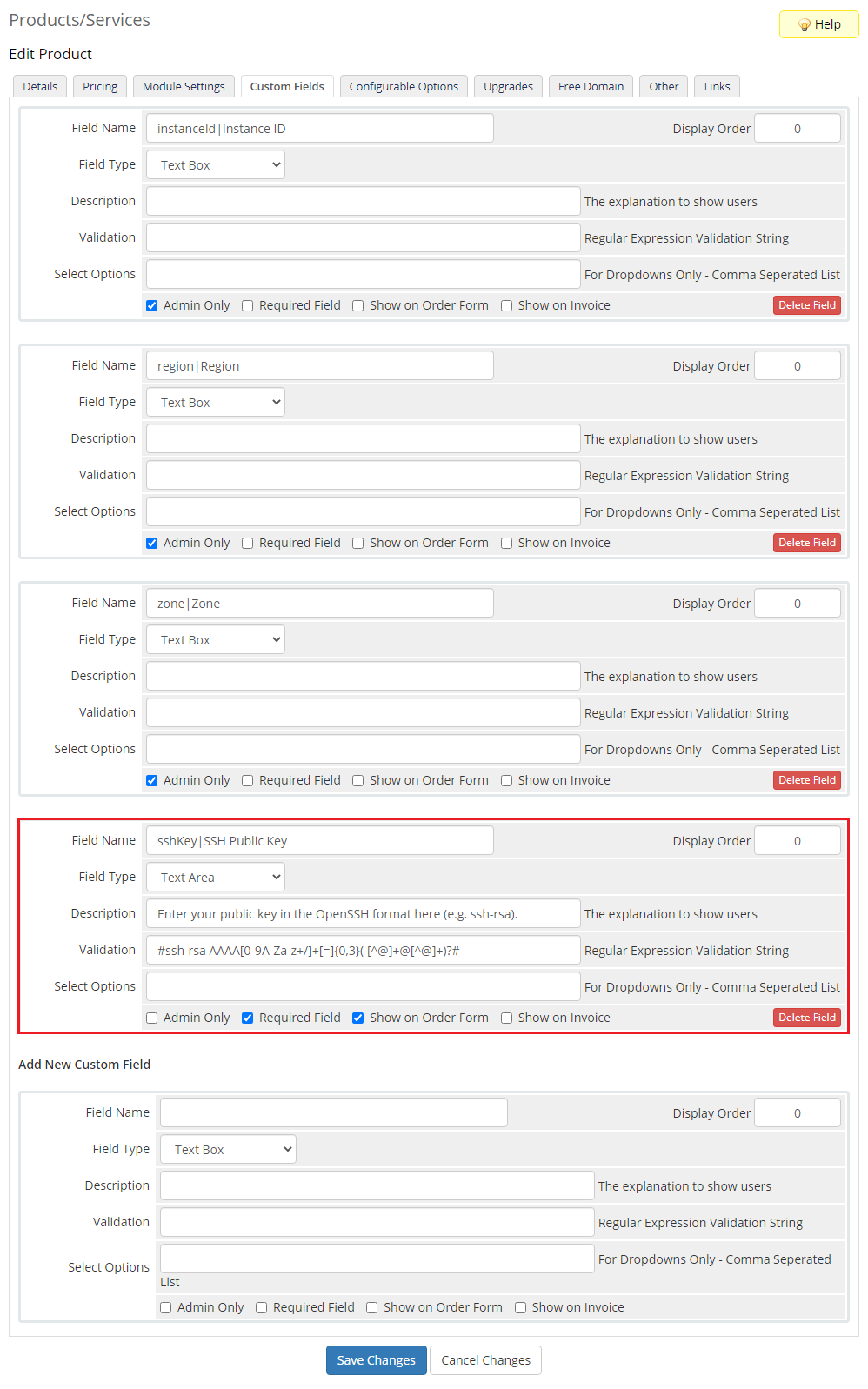 Google Cloud Virtual Machines For WHMCS: WHMCS product Custom Fields tab with the SSH Public Key field highlighted