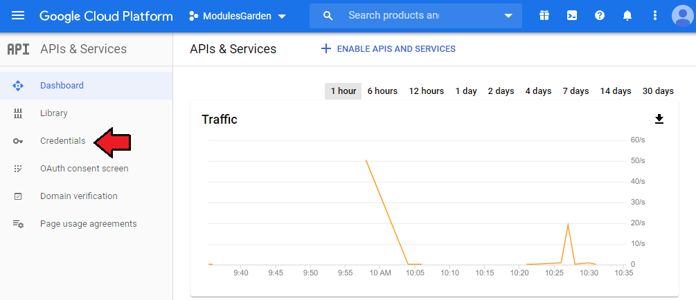 Google Cloud Virtual Machines For WHMCS: Google Cloud APIs and Services sidebar with Credentials highlighted
