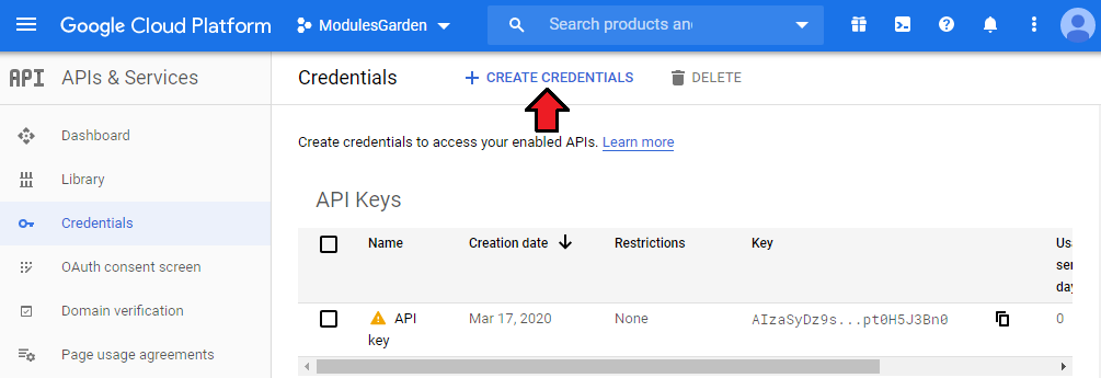 Google Cloud Virtual Machines For WHMCS: Google Cloud Credentials page with the Create Credentials button