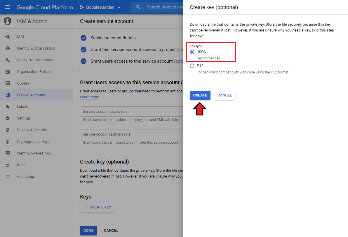 Google Cloud Virtual Machines For WHMCS: Google Cloud Create key panel with JSON key type and Create button