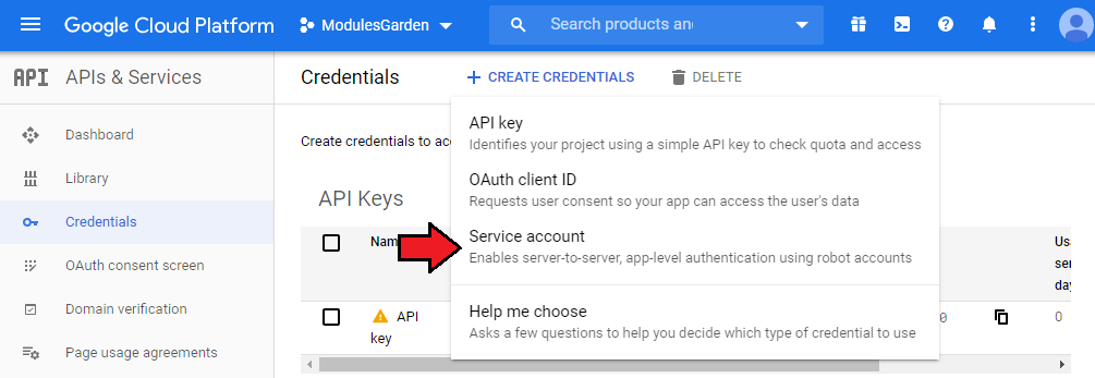 Google Cloud Virtual Machines For WHMCS: Google Cloud Create Credentials menu with Service account highlighted
