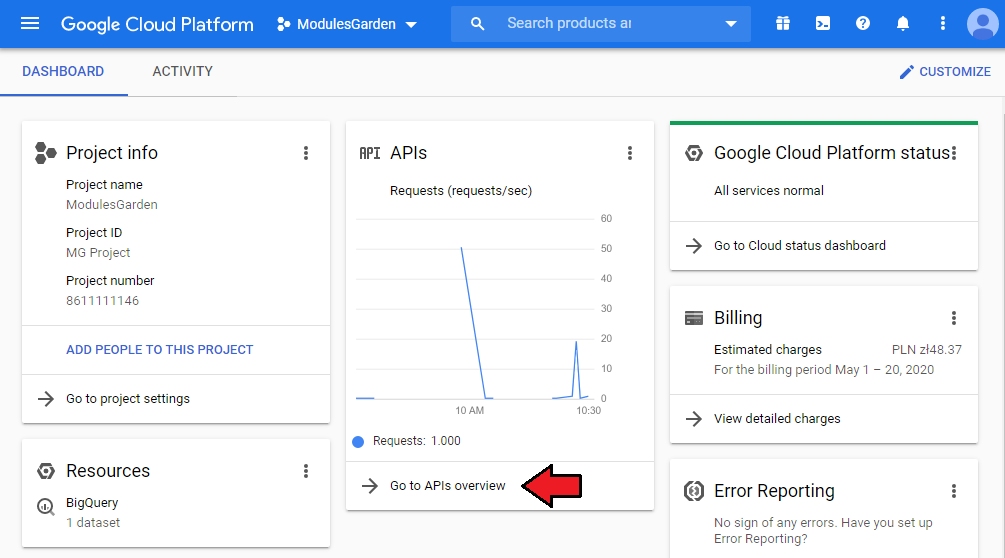 Google Cloud Virtual Machines For WHMCS: Google Cloud dashboard with the Go to APIs overview link highlighted