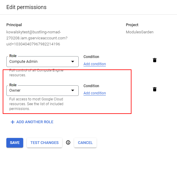 Google Cloud Virtual Machines For WHMCS: Google Cloud Edit permissions dialog with the Owner role added