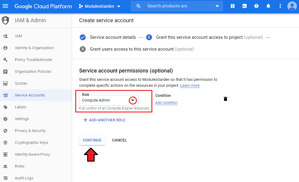 Google Cloud Virtual Machines For WHMCS: Google Cloud service account role step with Compute Admin and Continue
