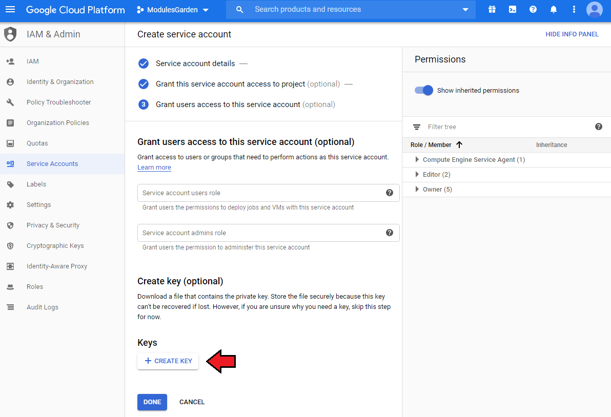 Google Cloud Virtual Machines For WHMCS: Google Cloud service account page with the Create Key button