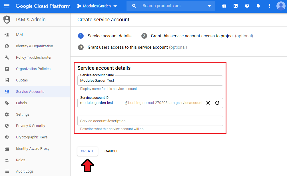 Google Cloud Virtual Machines For WHMCS: Google Cloud service account details form with name, ID and Create button