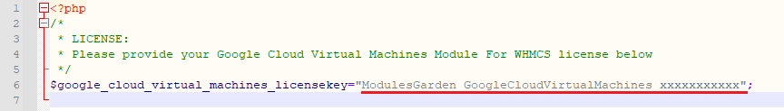 Google Cloud Virtual Machines For WHMCS: license.php file with the license key between the quotation marks