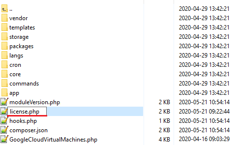 Google Cloud Virtual Machines For WHMCS: module files list with license.php renamed from licenseRENAME.php