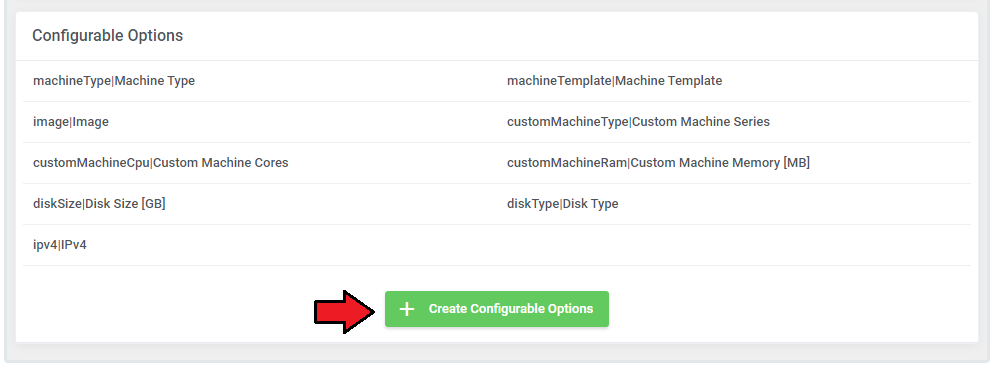 Google Cloud Virtual Machines For WHMCS: product Module Settings with the Create Configurable Options button