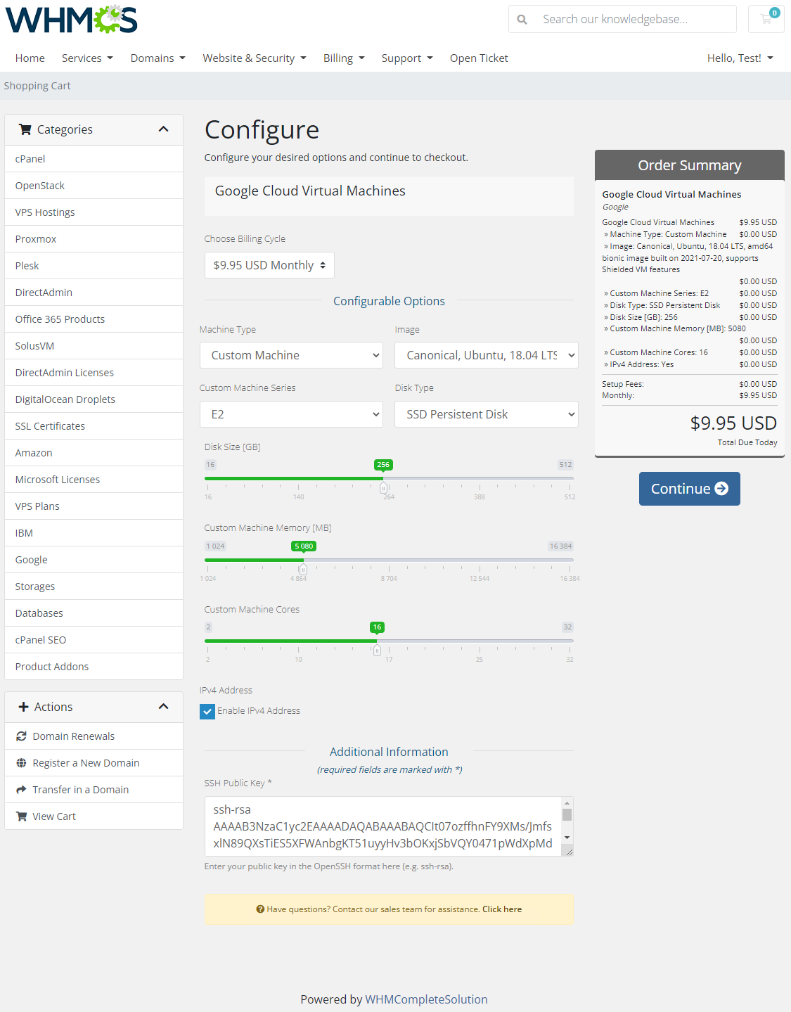 Google Cloud Virtual Machines For WHMCS: WHMCS order form with configurable options and the SSH Public Key field