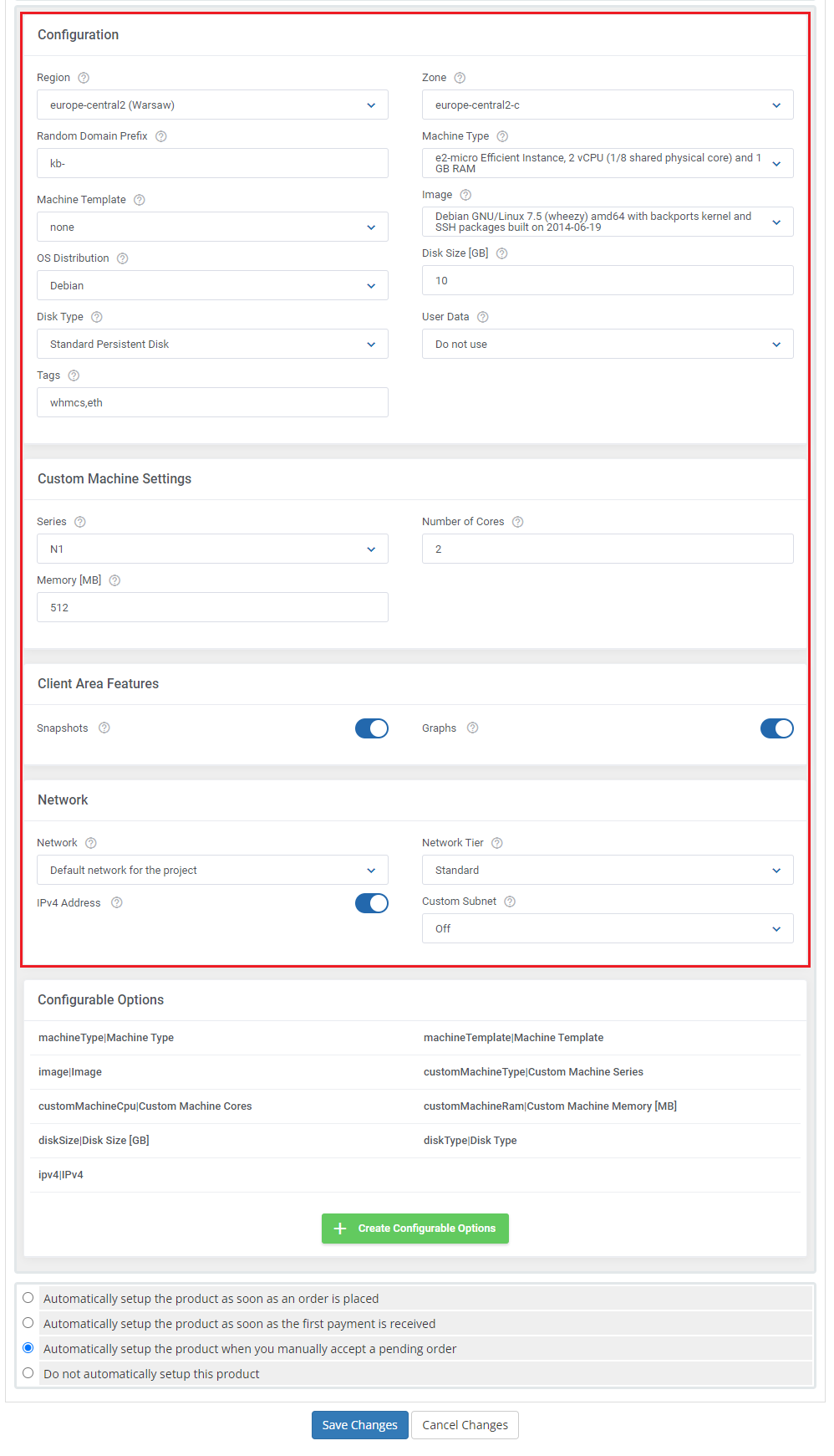 Google Cloud Virtual Machines For WHMCS: product Module Settings with configuration, network and client area options