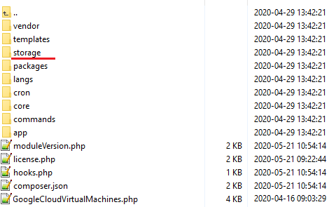 Google Cloud Virtual Machines For WHMCS: module files list with the storage folder marked for write permissions