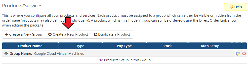 Google Cloud Virtual Machines For WHMCS: WHMCS product group page with the Create a New Product button