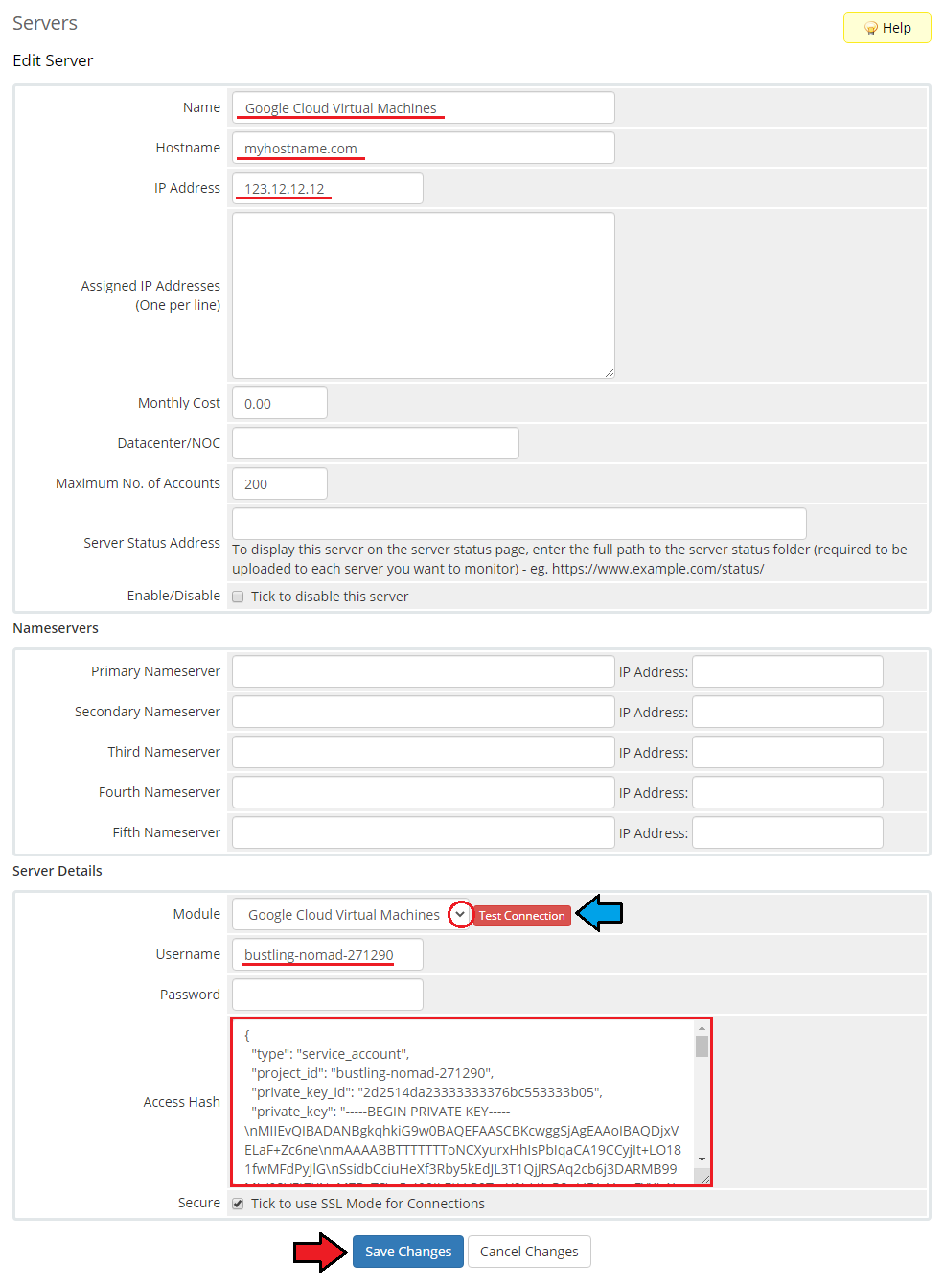 Google Cloud Virtual Machines For WHMCS: WHMCS Edit Server form with project ID, Access Hash and Test Connection