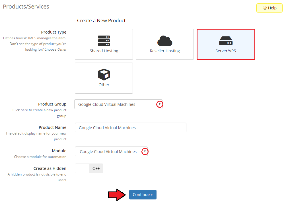 Google Cloud Virtual Machines For WHMCS: WHMCS new product form with Server/VPS type, group, name and module