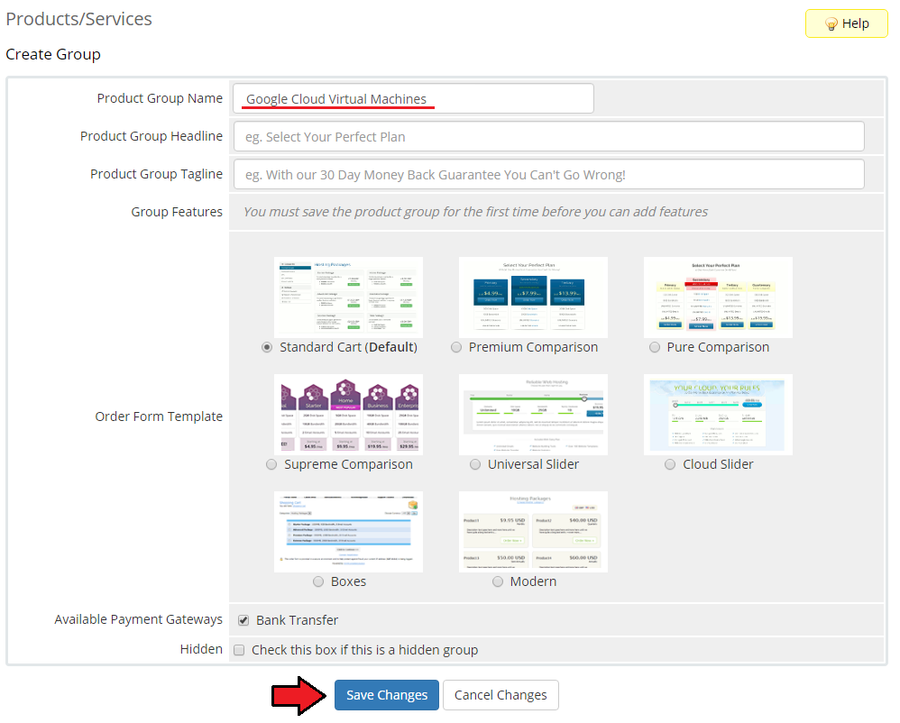 Google Cloud Virtual Machines For WHMCS: WHMCS Create Group form with product group name and Save Changes