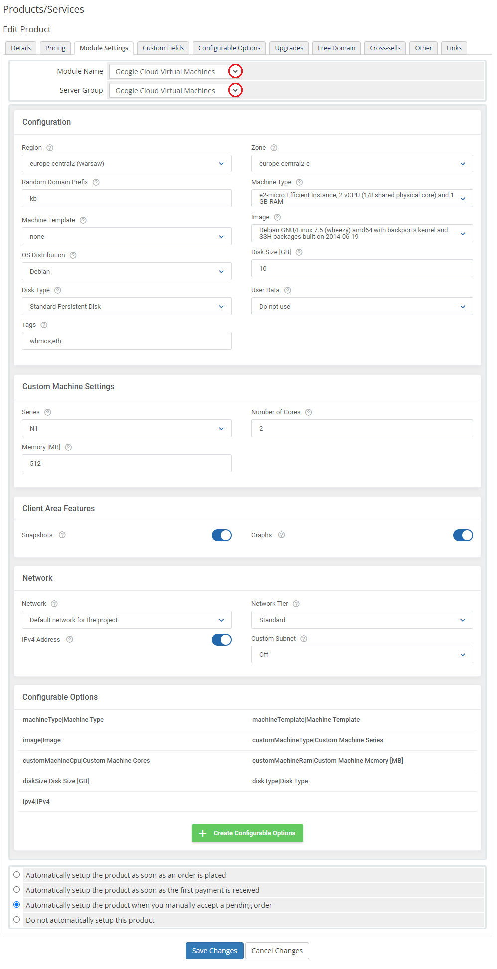 Google Cloud Virtual Machines For WHMCS: WHMCS product Module Settings tab with module name and server group