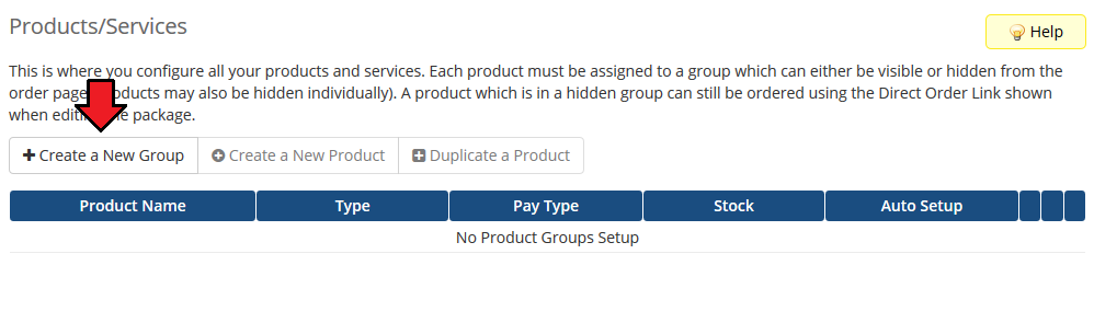 Google Cloud Virtual Machines For WHMCS: WHMCS Products/Services page with the Create a New Group button