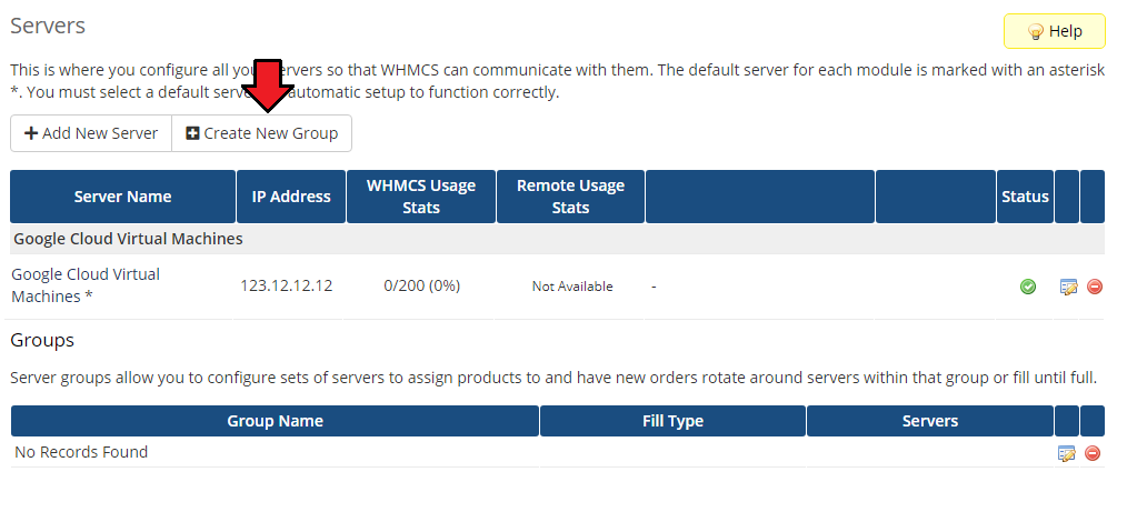 Google Cloud Virtual Machines For WHMCS: WHMCS Servers list with the Create New Group button highlighted