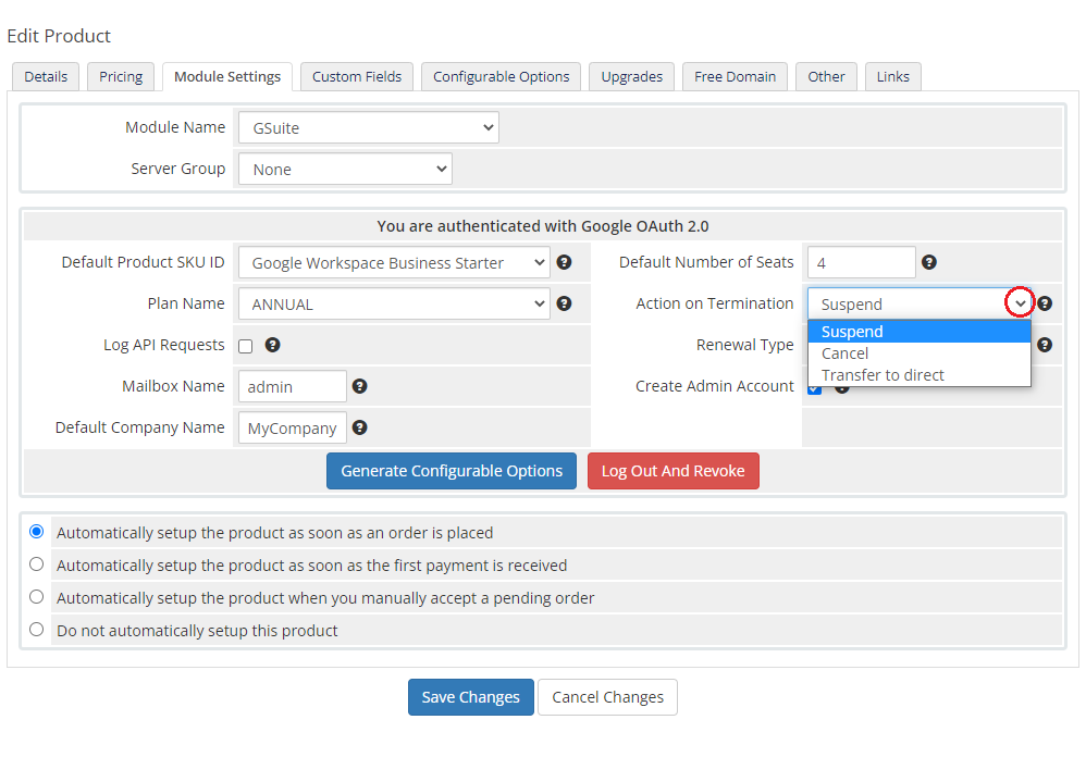 Google Workspace For WHMCS: WHMCS Module Settings with the Action on Termination dropdown open