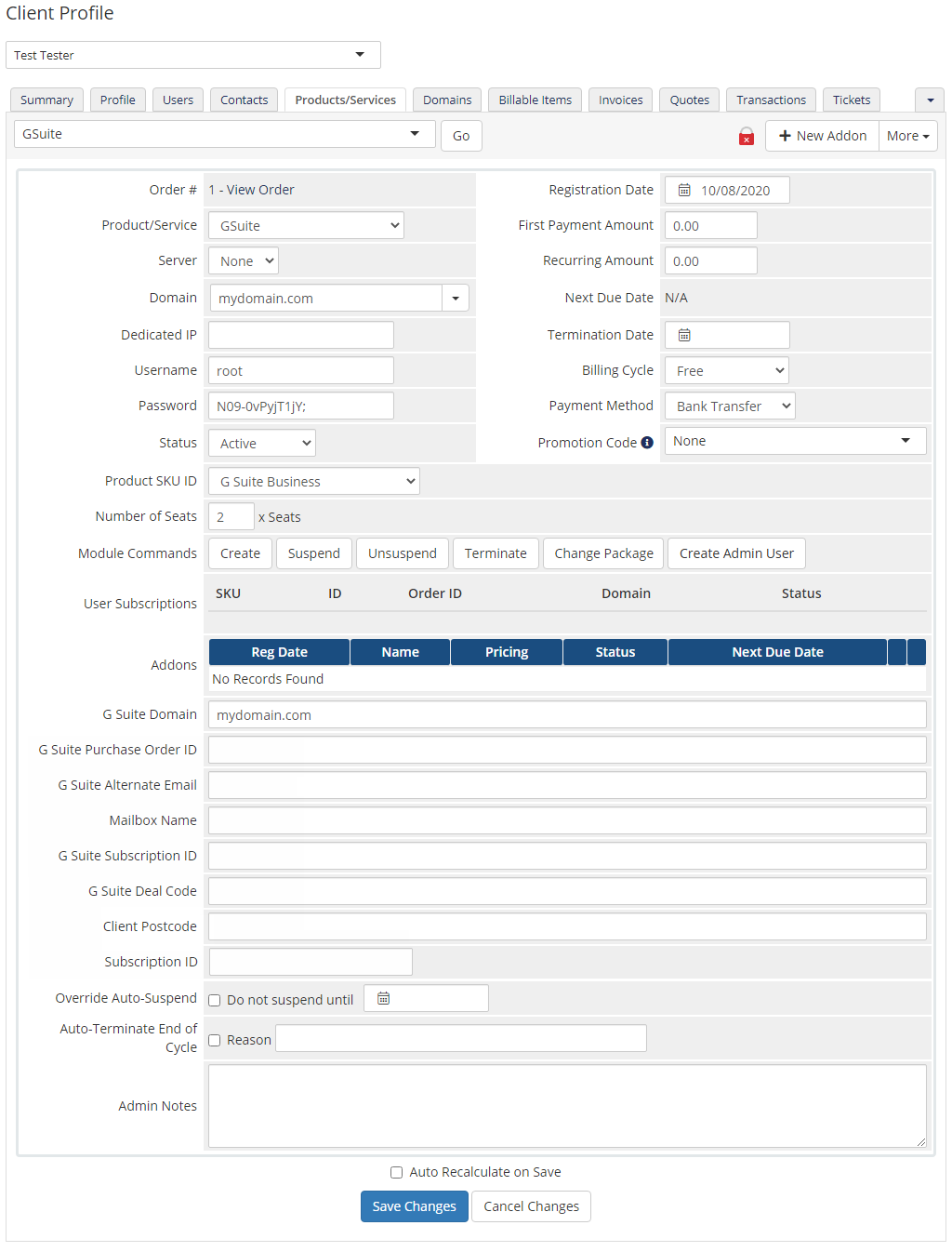 Google Workspace For WHMCS: WHMCS admin client profile of a GSuite product with module commands and Google Workspace