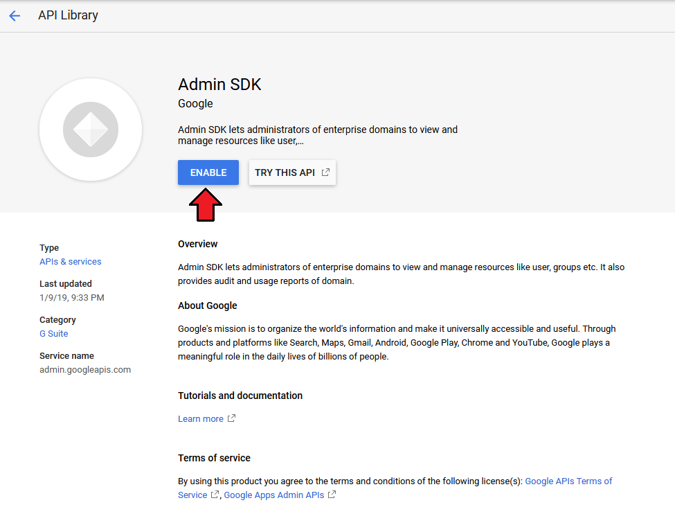 Google Workspace For WHMCS: Admin SDK API details page in Google Cloud with the Enable button