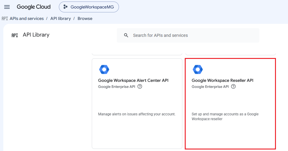 Google Workspace For WHMCS: Google Cloud API Library with the Google Workspace Reseller API card highlighted
