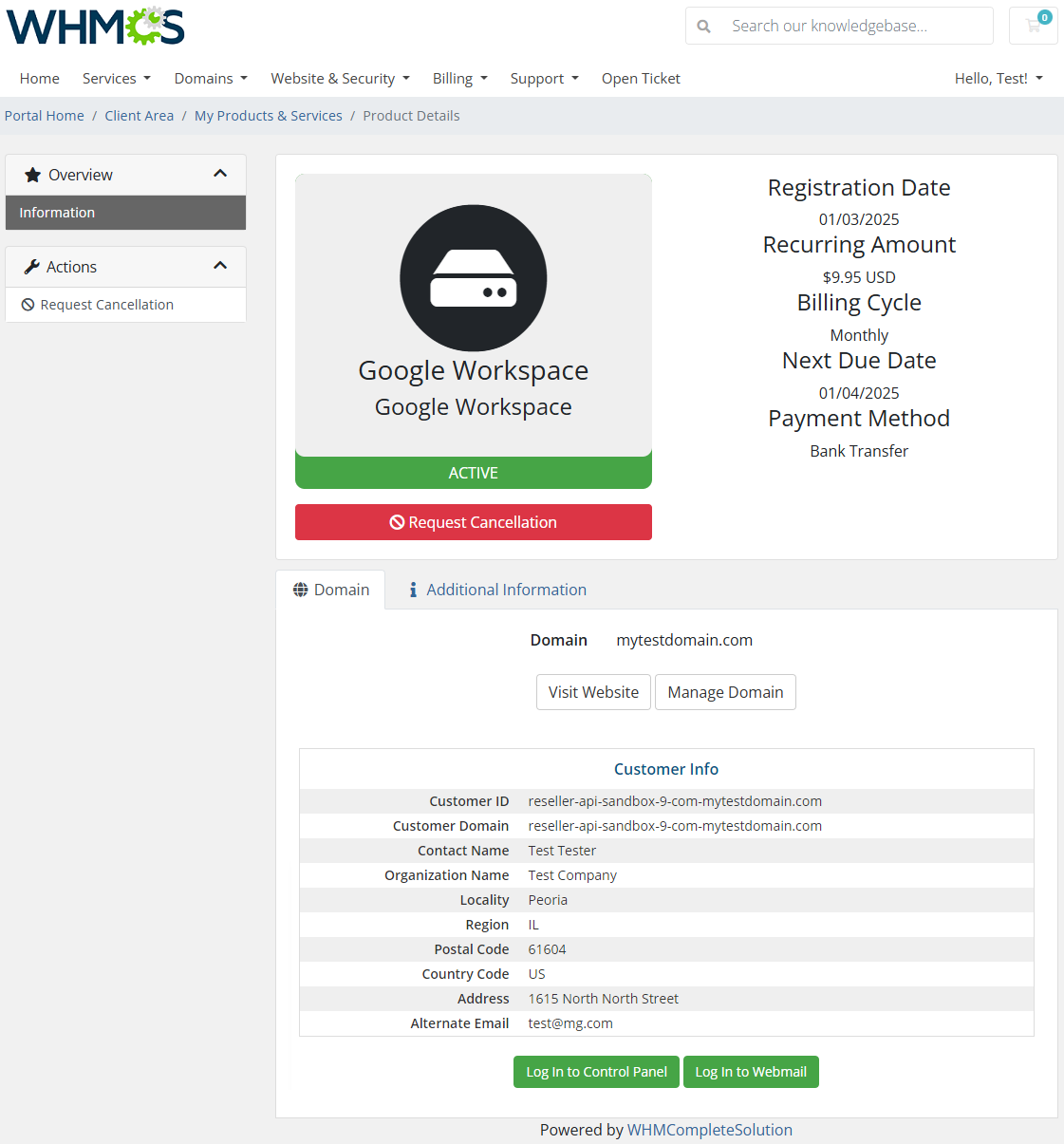 Google Workspace For WHMCS: WHMCS client area product details with customer info and control panel and webmail login