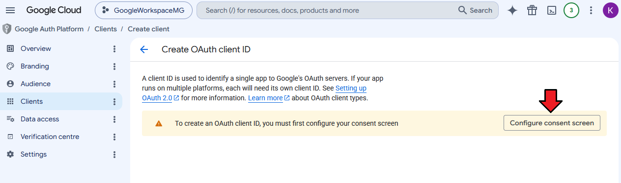 Google Workspace For WHMCS: Google Auth Platform Create OAuth client ID page asking to configure the consent screen