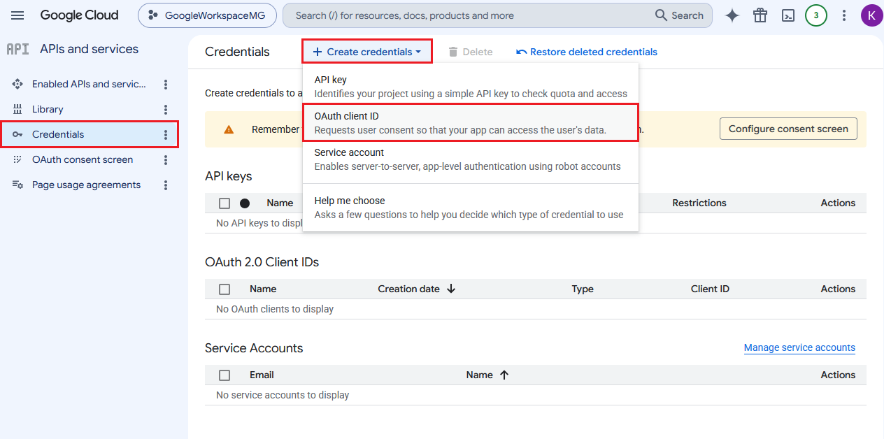 Google Workspace For WHMCS: Google Cloud Credentials page with the Create credentials menu and the OAuth client ID