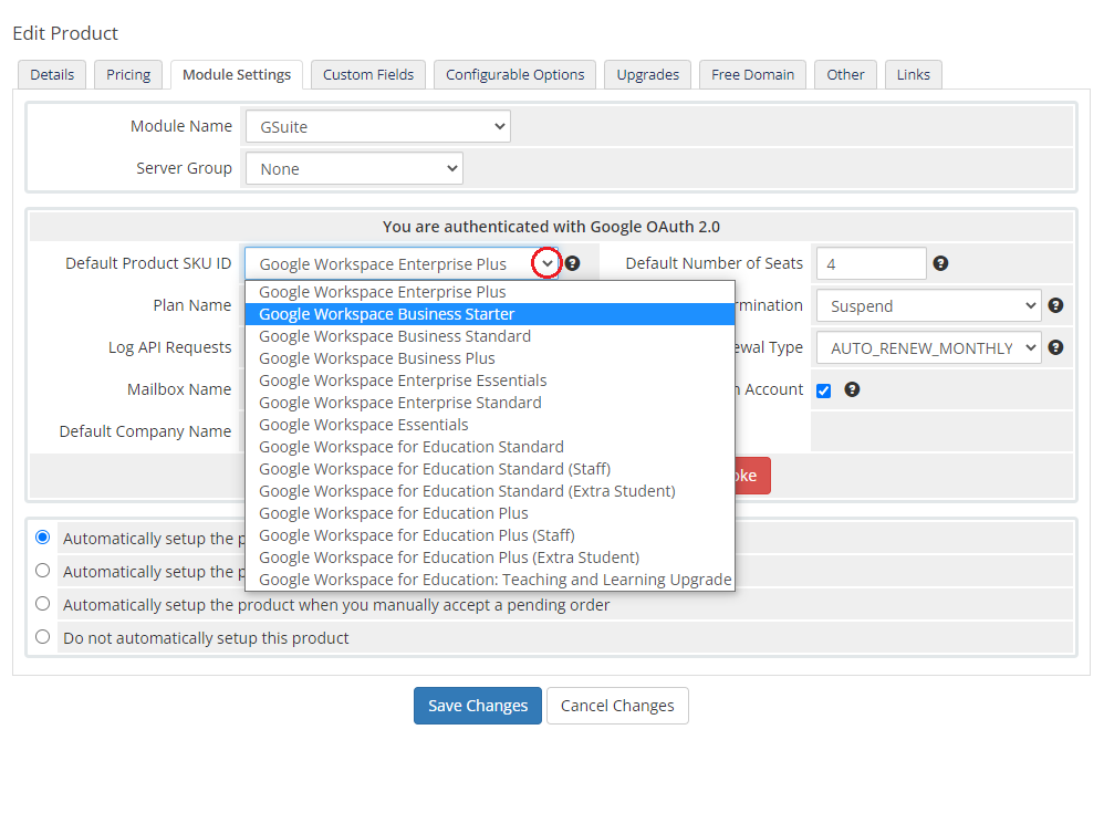 Google Workspace For WHMCS: WHMCS Module Settings with the Default Product SKU ID dropdown listing Google Workspace
