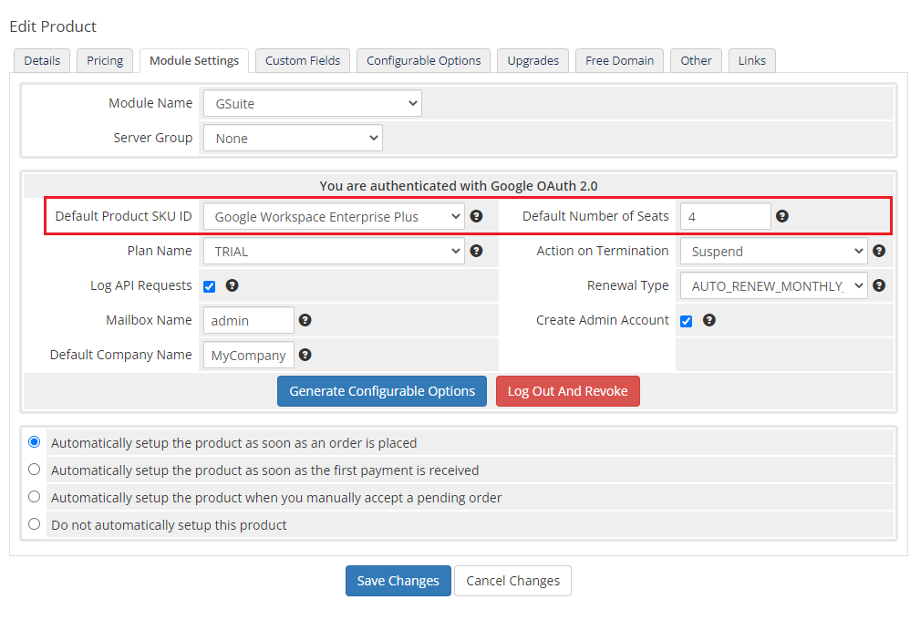 Google Workspace For WHMCS: WHMCS Module Settings with the Default Product SKU ID and Default Number of Seats fields
