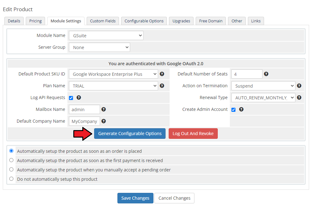 Google Workspace For WHMCS: WHMCS Module Settings with the Generate Configurable Options button marked