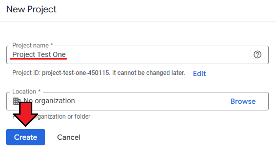 Google Workspace For WHMCS: Google Cloud New Project dialog with a project name entered and the Create button