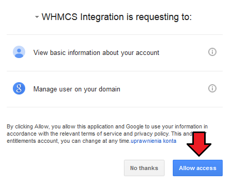 Google Workspace For WHMCS: Google permission request dialog for WHMCS Integration with the Allow access button