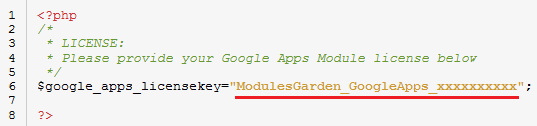 Google Workspace For WHMCS: license.php file open in an editor with the license key entered between quotation marks